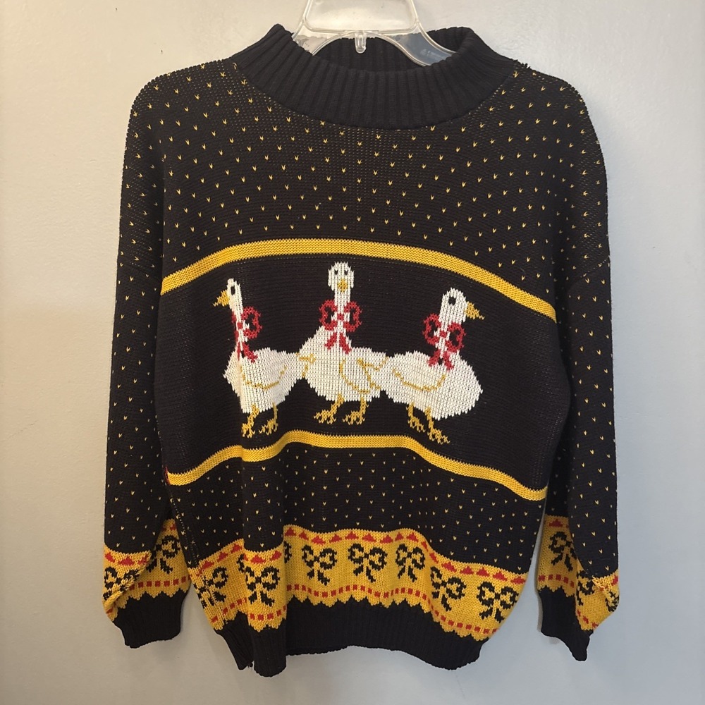 Vtg 90's Private‎ Eyes Geese Sweater Women’s L Black Yellow Goose Grandmacore
